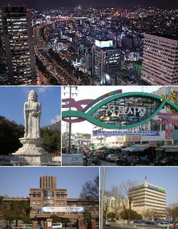 Top:View of Daegu, from Jisan-dong, Middle left:Buddha Statue in Donghwasa Temple, Middle right:Seomun Market, Bottom left:Kyungpook National University, Bottom right:Daegu City Office in Jung-gu