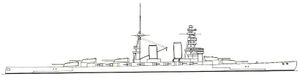 Line drawing of this type of vessel; the ship had a long hull, two tall masts, five gun turrets, and two large funnels.