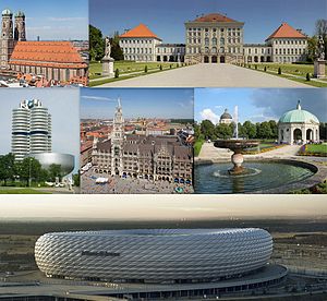 From left to right:The Munich Frauenkirche, the Nymphenburg Palace, the BMW Headquarters, the New Town Hall, the Munich Hofgarten and the Allianz Arena.