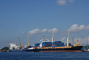 Large ship approaching a wharf