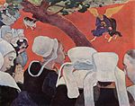 Paul Gauguin painting The Vision After the Sermon from 1888 nuns gathering around a small angel