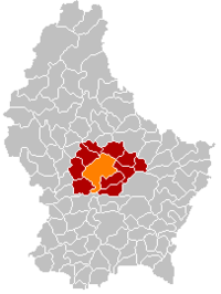 Map of Luxembourg with Mersch highlighted in orange, the district in dark grey, and the canton in dark red