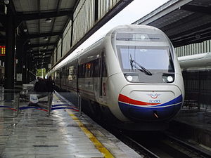 A westbound train waiting to depart Ankara station