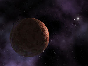 Sedna, a red, icy globe, is barely lit by a distant Sun