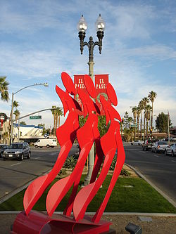 Modern art display on El Paseo's median.