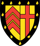 Clare College heraldic shield: on the left there are the three chevrons of the de Clare family. On the right is the cross gules of the de Burgh family (Elizabeth de Clare's first husband was John de Burgh. This shield with its border of tears was used on Elizabeth de Clare's personal seal.