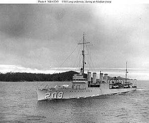 USS Long (DD-209) underway during an Alaskan cruise, circa 1937. Note her twin 4"/50" gun mountings.