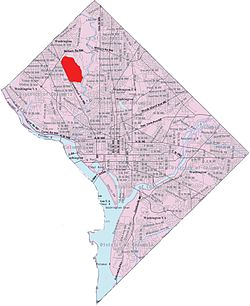 Map of Washington, D.C., with Forest Hills highlighted in red