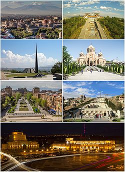 From top left: Yerevan skyline with Mount Ararat • Karen Demirchyan ComplexTsitsernakaberd Genocide Memorial • Saint Gregory CathedralTamanyan Street and the Yerevan Opera • Cafesjian Museum at the CascadeRepublic Square