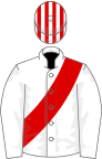 White, red sash, red and white striped cap