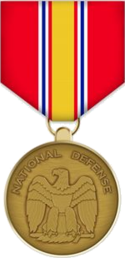 The obverse view of the medal shows the American bald eagle, perched on a sword and palm. Above this, in a semicircle, is the inscription National Defense.