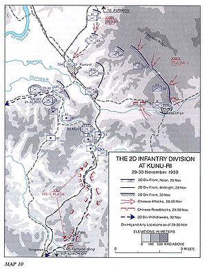 A map showing the front line with the UN labeled in blue and the Chinese in red. A blue arrows is moving down through a long sequence of red lines, with multiple red arrows chasing it