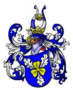 Azure, a trefoil Or with three oak leaves argent