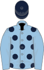 Light blue, dark blue spots, light blue sleeves, dark blue cap