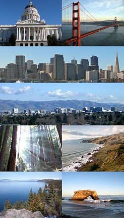 Clockwise: California State Capitol in Sacramento, Golden Gate Bridge, San Francisco skyline, San Jose skyline, Muir Woods National Monument, the northern California coast as seen from Muir Beach Overlook, view of the California side of Lake Tahoe and Natural Bridges State Beach in Santa Cruz.