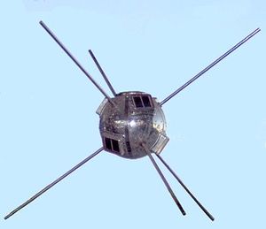 Small, round satellite with six rod antennas radiating from it