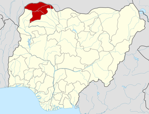 The Diocese of Sokoto includes all of Sokoto State (shown here in red) as well as portions of neighboring states of Zamfara, Kebbi and Katsina.