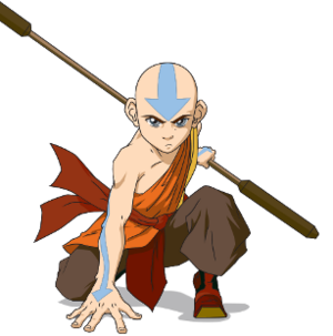 Aang kneeling in a battle pose, holding his staff behind him.