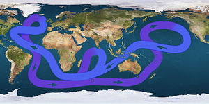 Map displaying a looping line with arrows indicating that water flows eastward in the far Southern ocean, angling north east of Australia, turning sough after passing Alaska, then crossing the mid-Pacific to flow north of Australia, continuing west below Africa, then turning northwest until reaching eastern Canada, then angling east to southern Europe, then finally turning south just below Greenland and flowing down the Americas' eastern coast, and resuming its flow eastward to complete the circle