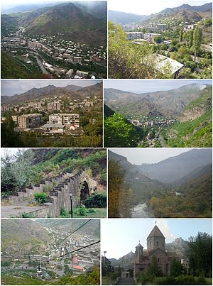 From top left: Alaverdi skyline • Residential blocks Lori Mountains overlooking the town • Debed canyonSanahin bridge of 1195 • Debed RiverThe copper plant seen from the cable car • Narekatsi church