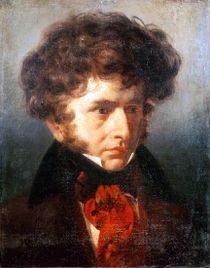 painting of young white man with abundant curly brown hair and side-whiskers, wearing bright red cravat