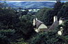 Thatched roofs of white painted houses nestled in tree filled valley.