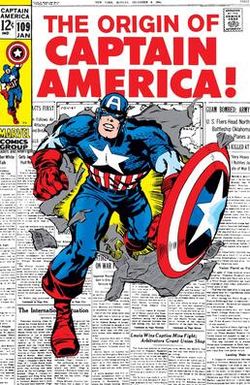 Captain America bursting through a page of newspaper