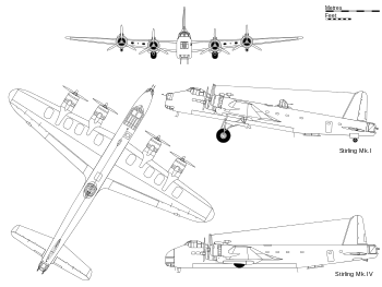 3-view projection of Short Stirling Mark I, with profile inset of the glider-towing and transport Mark IV.