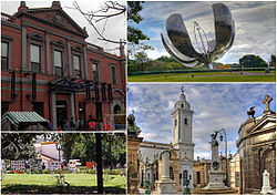 Clockwise from top: the Recoleta Cultural Center, Floralis Genérica, France Square and the Recoleta Cemetery with the Nuestra Señora del Pilar Basilica.