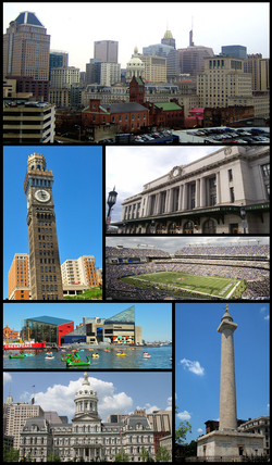 Downtown Baltimore, Emerson Bromo-Seltzer Tower, Pennsylvania Station, M&T Bank Stadium, (Baltimore Ravens Stadium), Inner Harbor and the National Aquarium in Baltimore, Baltimore City Hall, Washington Monument