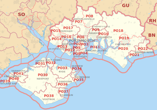 PO postcode area map, showing postcode districts, post towns and neighbouring postcode areas.