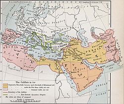 Map of Europe, North Africa an the Middle East, showing the Arab Caliphate at its greatest extent