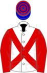 White, red sleeves and cross-belts, blue and red hooped cap