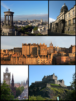 Clockwise from top-left: View from Calton Hill, Old College, Old Town from Princes Street, Edinburgh Castle, Princes Street from Calton Hill