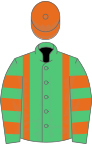 Emerald green, orange braces and cap, hooped sleeves