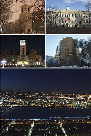 Clockwise from top left: Christ Church, University Hall at Harvard University, Ray and Maria Stata Center at the Massachusetts Institute of Technology, the Cambridge skyline and Charles River at night, and Cambridge City Hall.