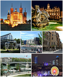 Top: Basilica of Notre-Dame de Fourvière, Place des Terreaux with Fontaine Bartholdi and Lyon City Hall at night  Centre: Parc de la Tête d'Or, Confluence district and old city. Bottom, Pont Lafayette, Part-Dieu district with Place Bellecour in foreground during Festival of Lights.