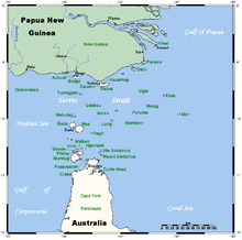 A map of the Torres Strait Islands showing Turtle Head Island in the south eastern waters of Torres Strait, east of the Cape York Peninsula