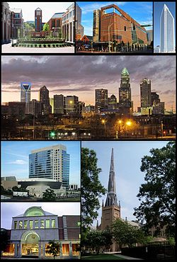 Clockwise: UNC Charlotte, Harvey B. Gantt Center for African-American Arts + Culture, Duke Energy Center, Charlotte's skyline, First Presbyterian Church of Charlotte, Charlotte Main Library and NASCAR Hall of Fame building