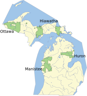 Map showing the location of Huron-Manistee National Forests