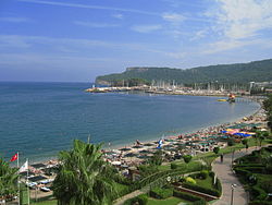 A view of the beach and marina of Kemer