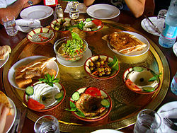 A large plate of Jordanian mezze in Petra, Jordan.