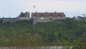 The fort is shown above foreground greenery, photographed through some grass-like plants.  Some of the fort's star-points are visible, and a flag is flying from its flagstaff.  The sky is a hazy blue-white.