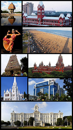 Clockwise from top right: Chennai Central, Marina Beach, Madras High Court, TIDEL Park, Ripon Building, San Thome Basilica, Kapaleeshwarar Temple, Classical dance Bharata Natyam and Valluvar Kottam