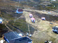 Bathurst Inlet from the air with the old mission visible