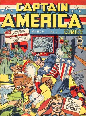 The front page of the first Captain America comic depicts Captain America punching Adolf Hitler in the jaw. A Nazi soldier's bullet deflects from Captain America's shield, while Adolf Hitler falls onto a map of the United States of America and a document reading 'Sabotage plans for U.S.A.'