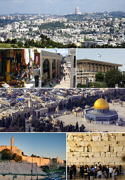 From upper left: Jerusalem skyline viewed from Givat ha'Arba, Mamilla, the Old City and the Dome of the Rock, a souq in the Old City, the Knesset, the Western Wall, the Tower of David and the Ottoman Old City walls