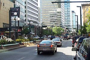 Image looking west down Jasper Avenue showing the major financial centre in Edmonton