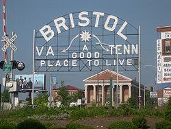 A sign welcomes visitors to the twin cities of Bristol, Virginia, and Bristol, Tennessee.