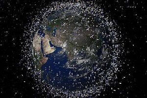 Earth from space, with space debris enhanced